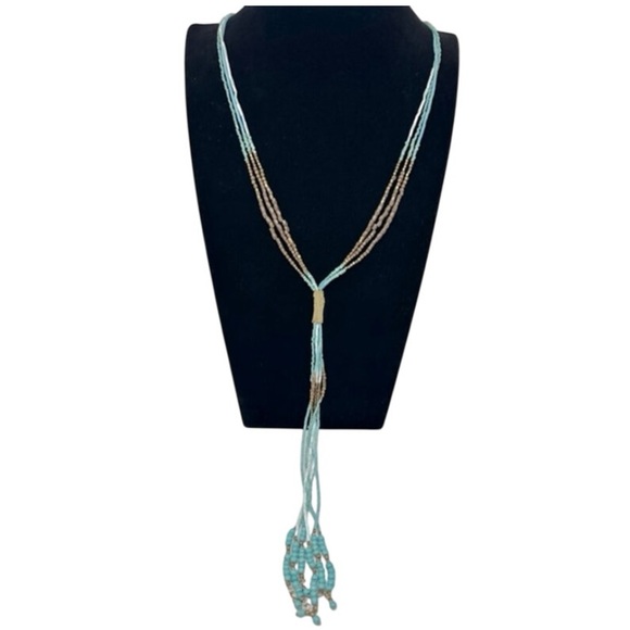 Turquoise and Gold Beaded Lariat Rope Knot Necklace Boho Festival Long Tassel - Picture 1 of 3
